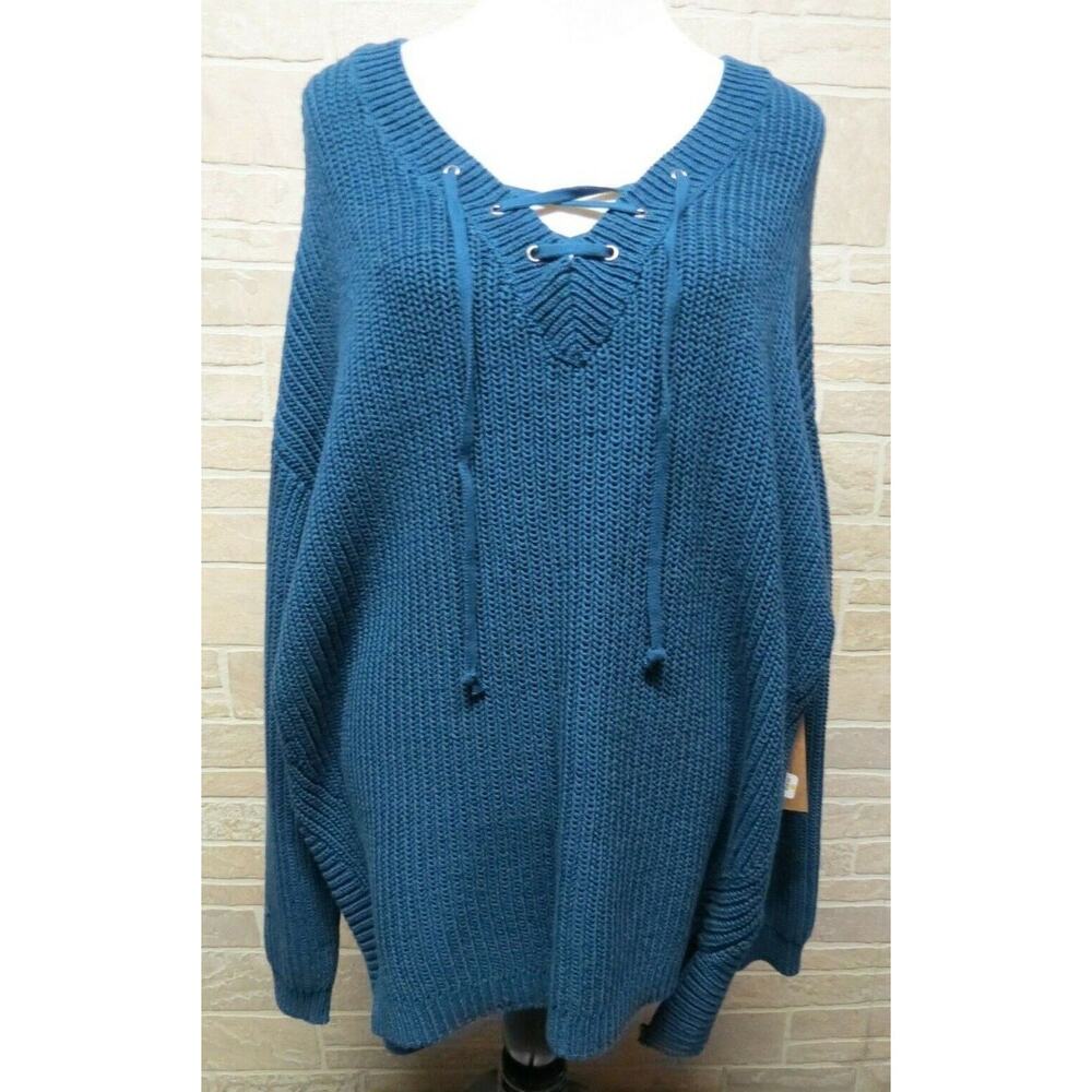 NEW Ruff Hewn Plus Size 2X Sweater Teal Blue Lace Up Neck NWT